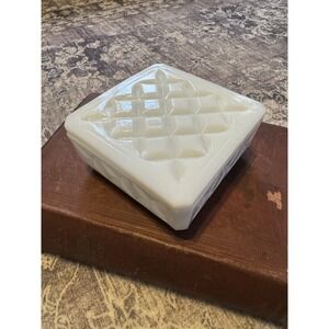 Vtg Anchor Hocking White Milk Glass Covered Square Powder Box Trinket Vanity